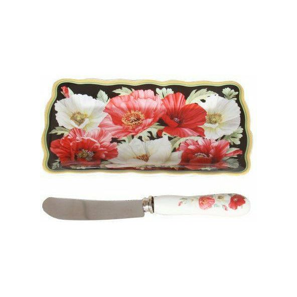 Cheese Platter Set with Knife - New Poppies on Black Fine Bone China - Gift Box - Dollars and Sense