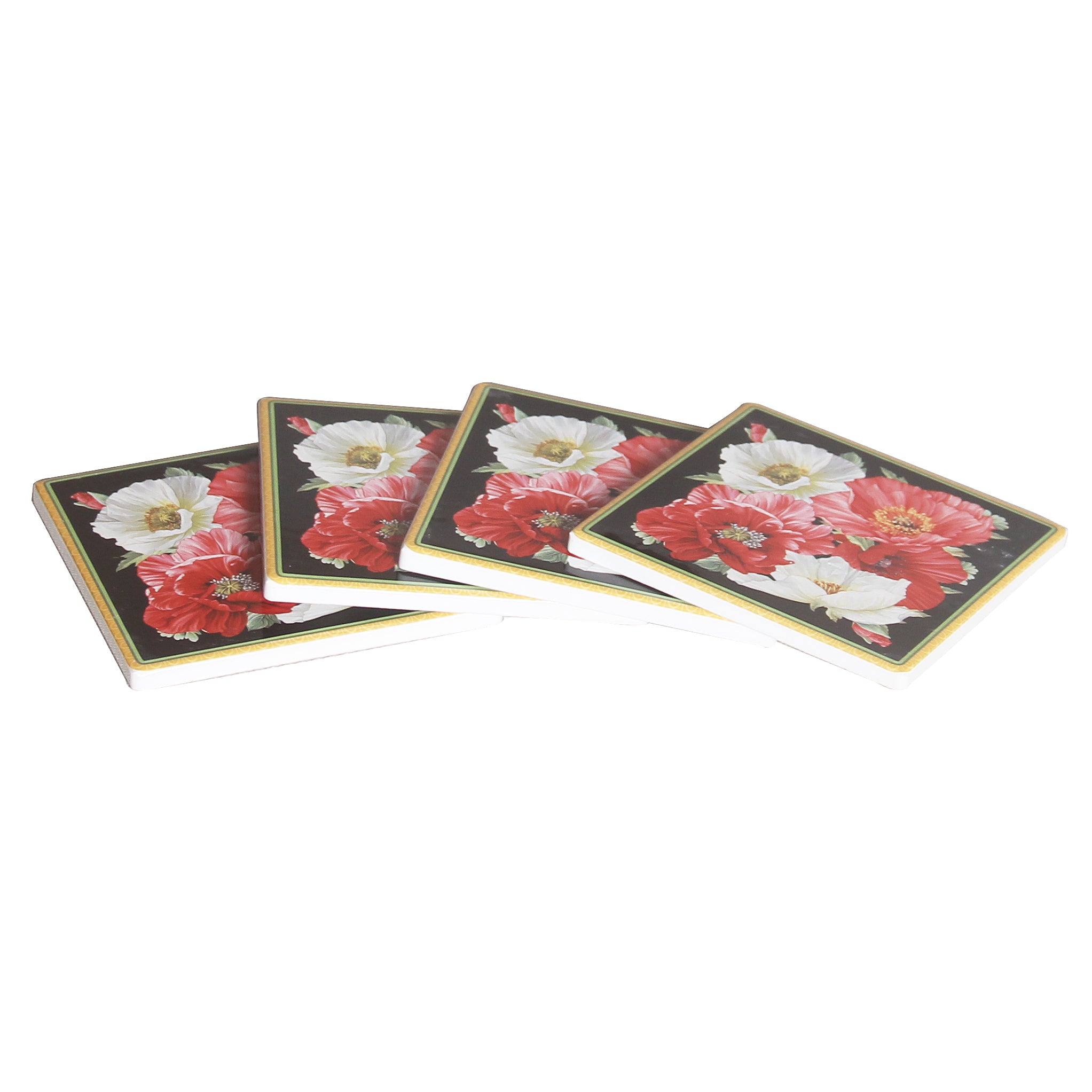 New Poppies on Black Coaster Set - 4 Piece Gift Box - Dollars and Sense