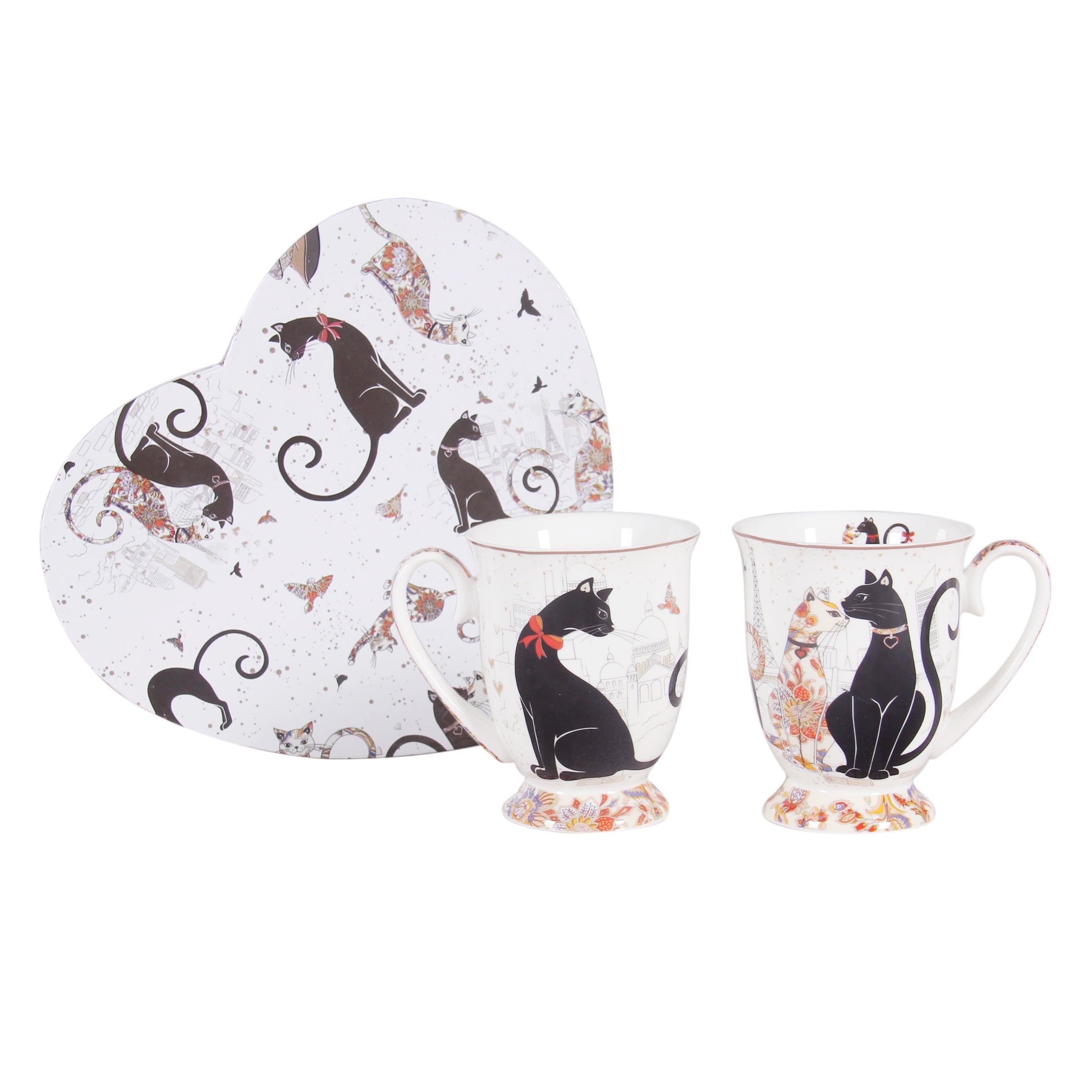 Fine Bone China Cat Couple Mug Set in Heart Shape Gift Box - 280cc 2 Piece - Dollars and Sense