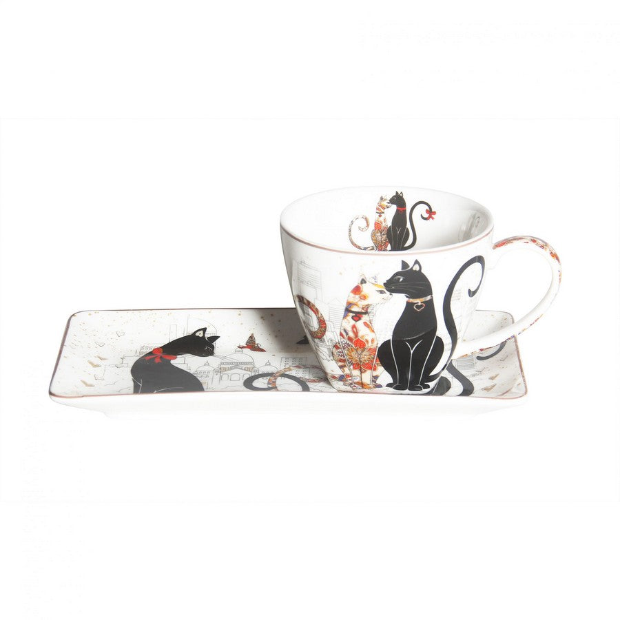 Embossed Cat Couple Cup and Saucer Gold Rim Breakfast Set Gift Box - Dollars and Sense