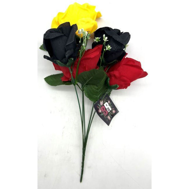 Faux Silk Flowers Bunch Red, Yellow & Black 5 Heads - Dollars and Sense