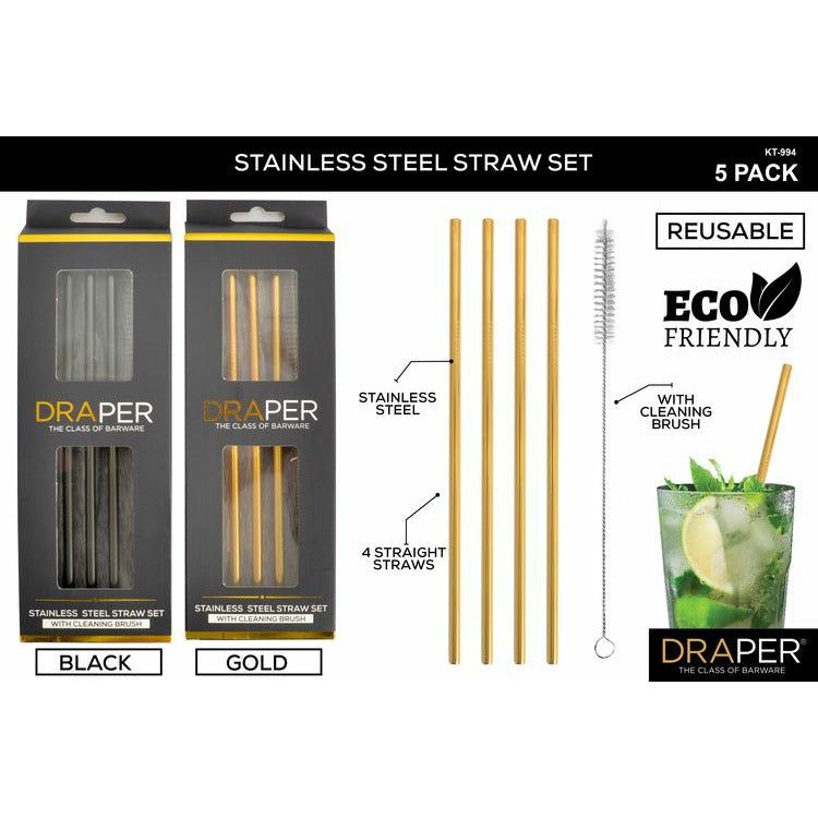 Stainless Steel Cocktail Straw Set Straight 5pc - Dollars and Sense