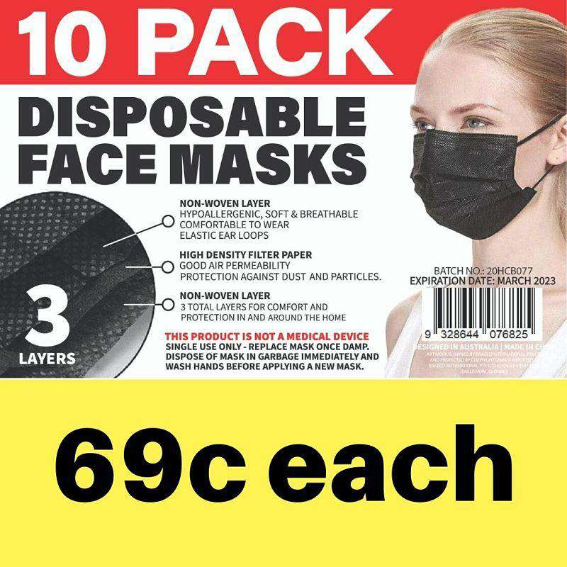 Disposable Adult Face Mask Black 10Pk - Dollars and Sense